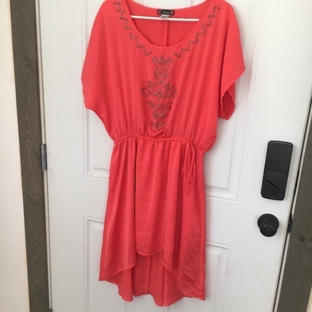 Trixxi Red Coral Sequined neck high low dress